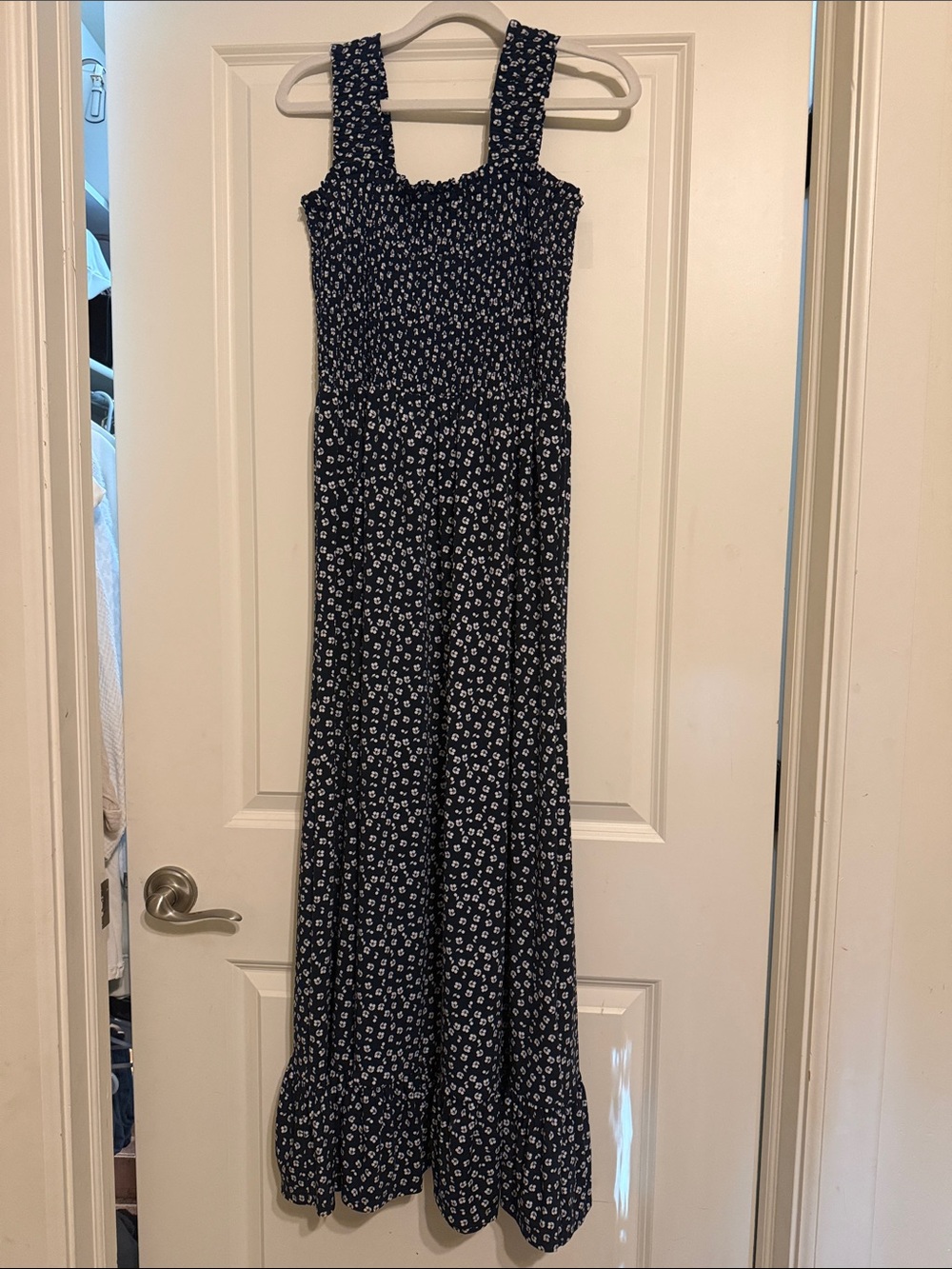 Michael Kors Navy Blue with White Cherries Smocked Maxi Dress